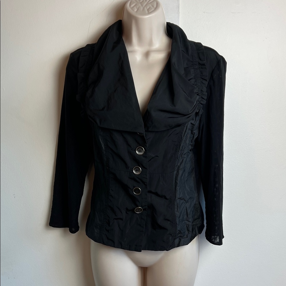 Black Goth Women's Blazer with Sheer Mesh Sleeves and Ruffle Accents